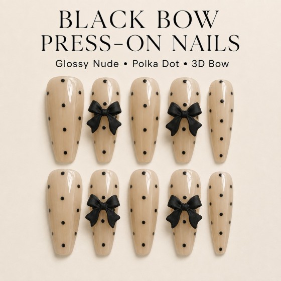 Nude Polka‑Dot Black 3D Bow Press‑On Nails, Long Almond Retro Sweet‑Cool False Nails